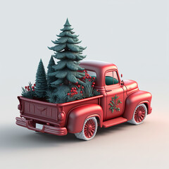 Red New Year's Christmas pickup truck with a Christmas tree in the trunk concept art render 3d illustration - obrazy, fototapety, plakaty
