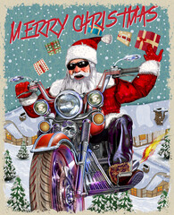 Christmas card with Santa Claus flying above  houses on motorcycle.Merry Christmas vector illustration.