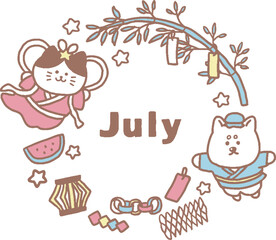 猫と犬の英語七夕7月文字付パステルカラー（シンプル）