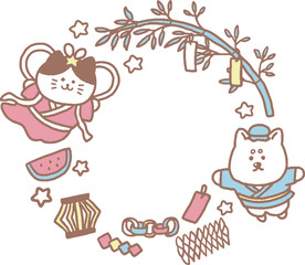 猫と犬の英語七夕7月フレームパステルカラー（シンプル）