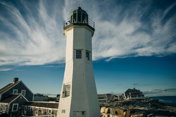 Scituate Harbor lighthouse overlooks a breakwater in Massachusetts - oct, 2022