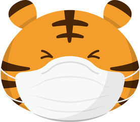 Cute tiger mascot with medical mask face mask squinting, cartoon comic vector