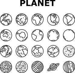 earth world planet globe map icons set vector. space blue, nature geography, environment ecology, sphere science, day ocean blue earth world planet globe map black contour illustrations