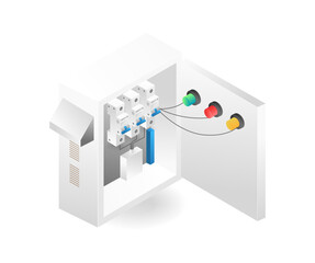 Isometric flat 3d illustration of office electrical panel control concept