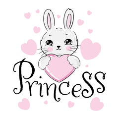 Cute cartoon bunny girl with inscription princess rabbit