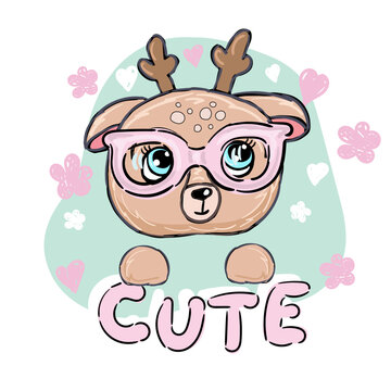 Deer with glasses cute girl portrait ,poster logo kids room decor t-shirt design print