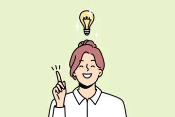Foto op Plexiglas Shining light bulb over head of smiling girl. Woman with index finger up found solution to problem, startup concept. Businesswoman came up with brilliant idea, innovation. Vector graphics in color. © Dzianis Vasilyeu