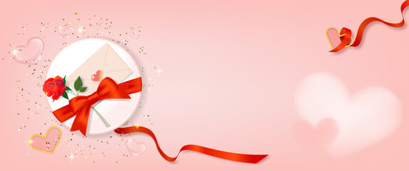 Round gift banner on pink background with gift tied with red ribbon and roses, love letter