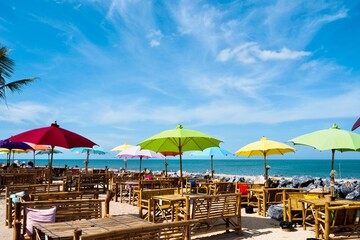 beach with umbrellas