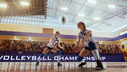 Female volleyball players in action on professional stadium.
 - obrazy, fototapety, plakaty