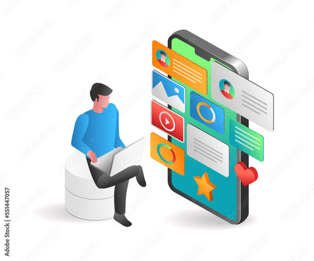 Poster isometric flat 3d concept illustration of man interacting multiple apps with smartphone