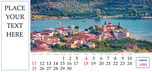 June 2023.  Desktop monthly calendar template with place logo and contact information. Set of calendars with amazing landscapes. Sunny summer view of Palaia Epidavros town, Greece, Europe.
