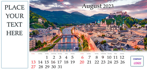 August 2023. Desktop monthly calendar template with place logo and contact information. Set of calendars with amazing landscapes. Great summer cityscape of Salzburg, Eastern Alps, Austria, Europe.