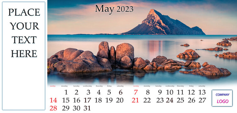 May 2023. Desktop monthly calendar template with place logo and contact information. Set of calendars with amazing landscapes. Stanning spring seascape of Mediterranean Sea, Sardinia, Italy, Europe.