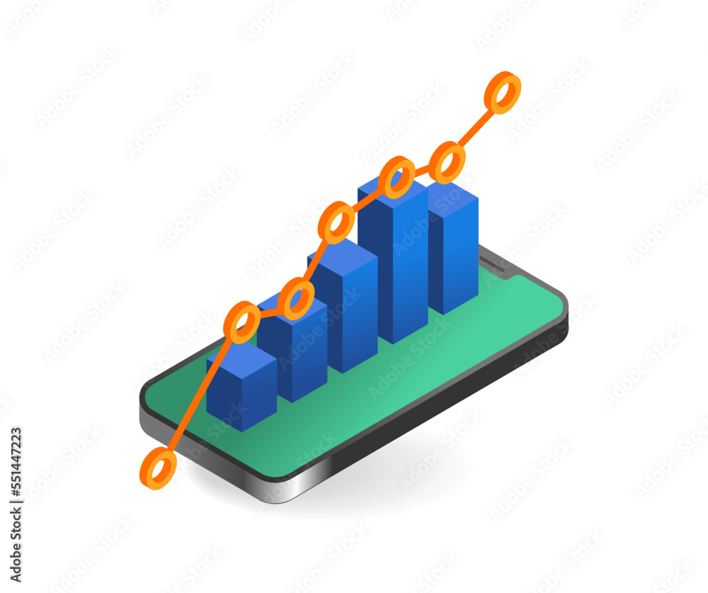 Poster isometric flat 3d concept illustration of analyst bar graph on smartphone