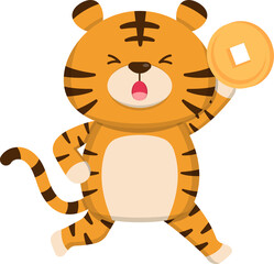 Happy smiling tiger holding gold coin, cute cartoon comic mascot physical movements, Chinese New Year