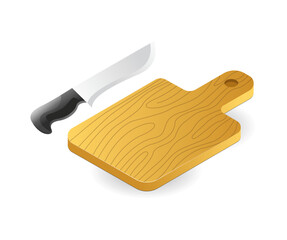 Concept flat 3d isometric illustration of knife with cutting board kitchen tool