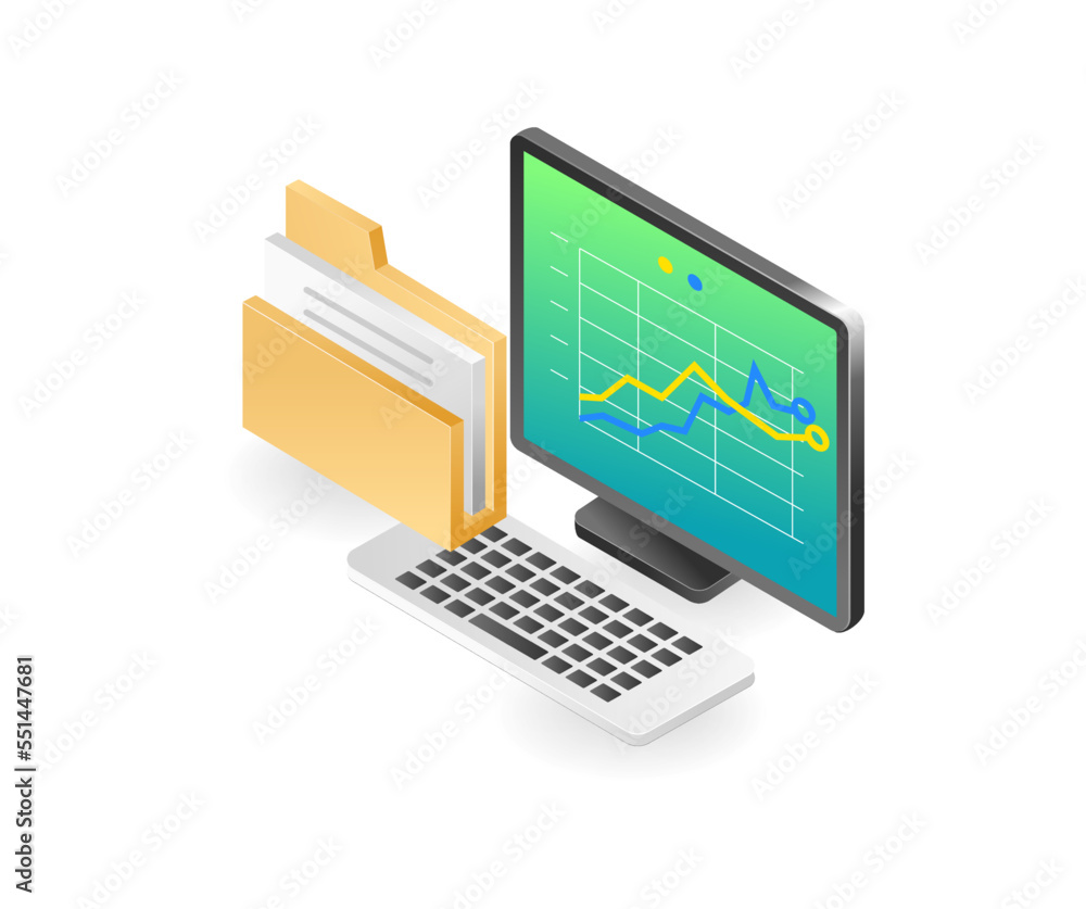 Poster flat isometric illustration of server data folder analysis concept
