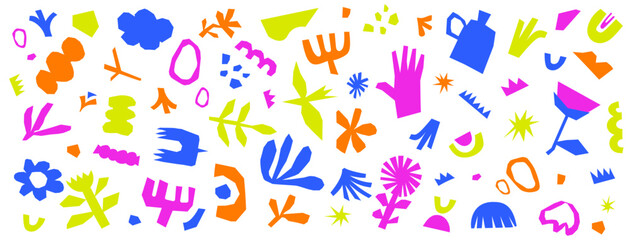 Cutout contemporary flowers and shapes collection. Floral and abstract elements, leaves, spring art print with botanical icons in minimal simple folk style on white background, Vector illustration