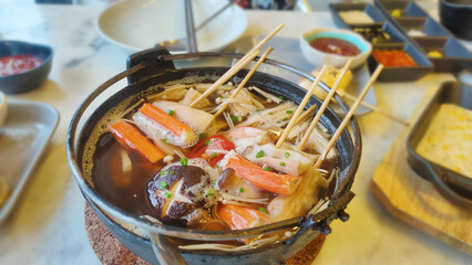 Korean Food Seafood Soup, Eomuk Guk or Odeng Guk (Fish Cake Soup) Popular Korean Street Foods.