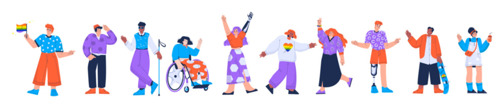 Diverse people with disabilities, lgbt persons, multiracial group. Girl in wheelchair, man with prosthesis, blind man, people with rainbow flag isolated on white background, vector flat illustration