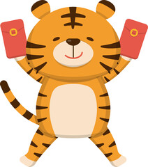 Happy smiling tiger holding a red envelope with raised hands, cute cartoon comic mascot physical movements, Chinese New Year