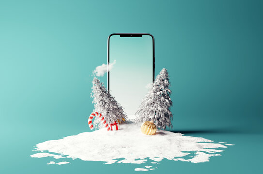 Creative Christmas  scene on smartphone with blue background. 3d rendering