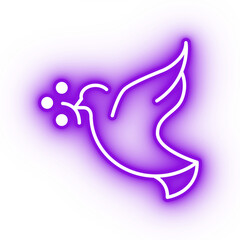 Neon purple dove icon, flying bird on transparent background