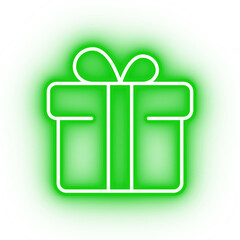 Neon green gift box icon, present on transparent background