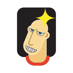 a bald man with a light on his head smiled suspiciously