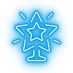 Neon blue star, christmas tree star topper on transparent background