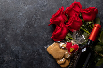 Valentines day card with wine bottle, cookies and rose flowers - obrazy, fototapety, plakaty