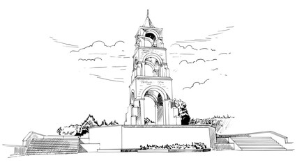 A hand drawn illustration of the martyrdom monument of the 57th regiment, which was martyred in Çanakkale in the 1st world war, from a different angle. Charcoal drawing technique or engraving.