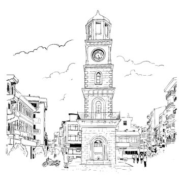 A hand-drawn illustration of the historical clock tower located in the city center of Çanakkale. Charcoal drawing technique or engraving.