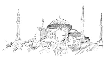 A hand drawn illustration of Hagia Sophia viewed from a beautiful angle. Charcoal drawing technique or engraving.