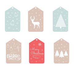 Christmas gift tags template set with bells, lettering, pine, deer silhouette