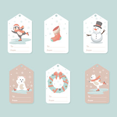 Cute winter gift tags template set with sock, christmas wreath and characters ice skaters: penguin, bears and snowman