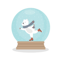 Snowglobe white bear ice skating snow ball crystal isolated on white