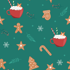 Vector illustration of christmas cookies set on green background with red cup with marshmallow seamless pattern