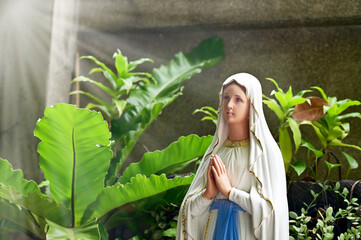 Close-up of Statue of Our lady of grace virgin Mary located in the church, Thailand. selective...