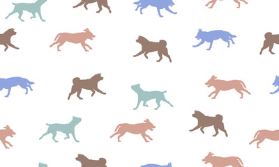 Dogs different colors isolated on a white background. Seamless pattern. Endless texture. Design for fabric, decor, wallpaper, wrap, surface design.