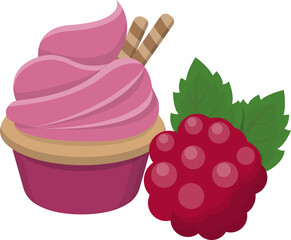 Cup cake raspberry or mulberry flavor cartoon comic vector, menu design