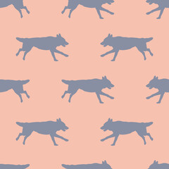 Running czechoslovak wolfdog puppy. Seamless pattern. Dog silhouette. Endless texture. Design for wallpaper, fabric, decor, template, surface design.