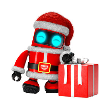 The cartoonish robot Santa Claus holding a present package is rendered in 3D.
