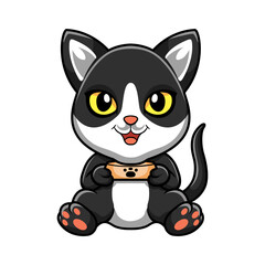 Cute black smoke cat cartoon holding food bowl