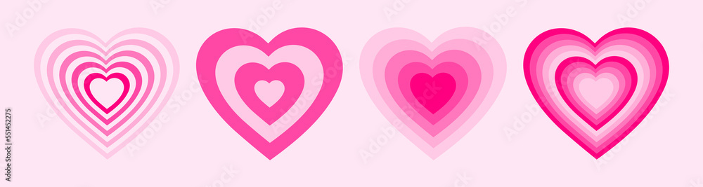 Poster vector set tunnel romantic hearts in pink colors. retro background in style 70s, 80s. concentric hea