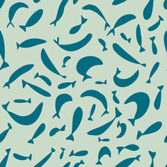 Marine seamless pattern with small fishes silhouettes. Perfect print for tee, paper, textile and fabric. Animalistic vector background for decor and design.