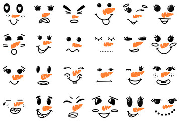 Cute snowman faces - vector collection. Vector Collection of Cute Snowman Faces. Cartoon Funny Doodle Snowman Head Face with Different Emotions Set. Winter Holidays, Christmas and New Year Design.