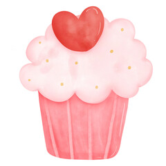 Cupcake watercolor with heart for valentine’s day.bakery shop card marketing.