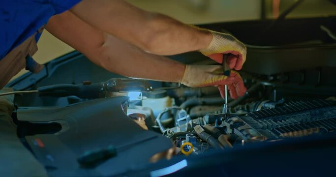 Auto mechanic repairs the engine with a wrench. Car service. Close-up.